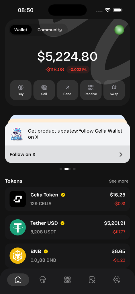 Celia Wallet - Dashboard of Celia Wallet showing a total balance of five thousand dollars with options to buy sell send and swap crypto tokens