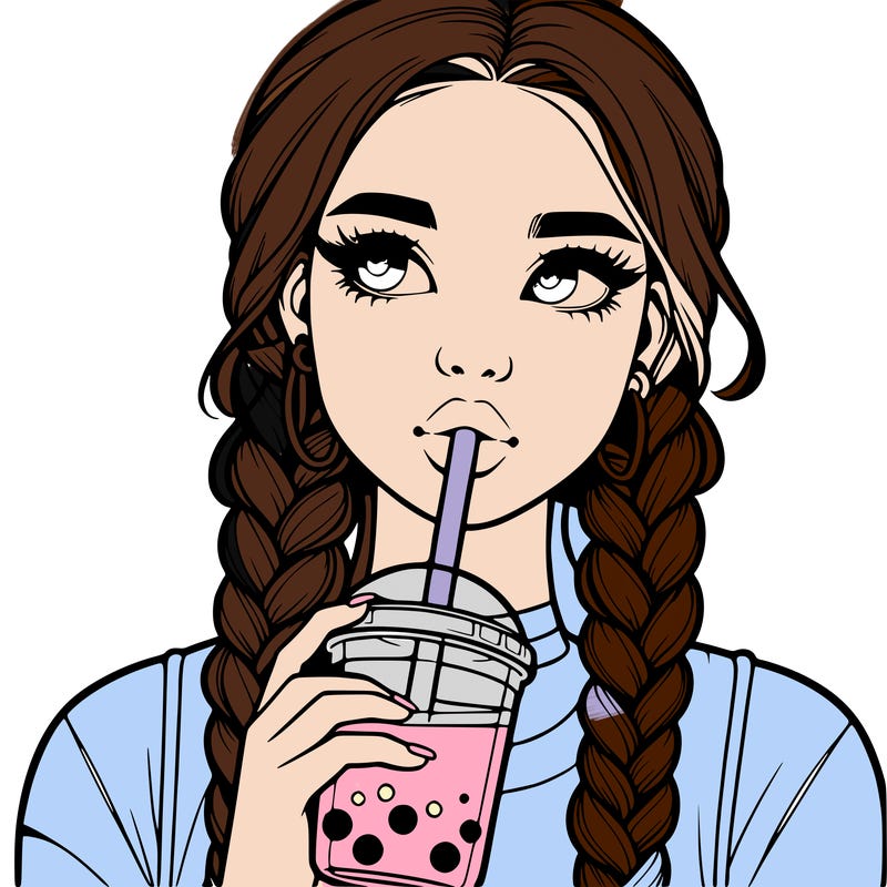 realistic girl with braided hair drinking boba