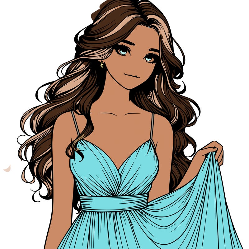 realistic girl in flowy silky prom dress