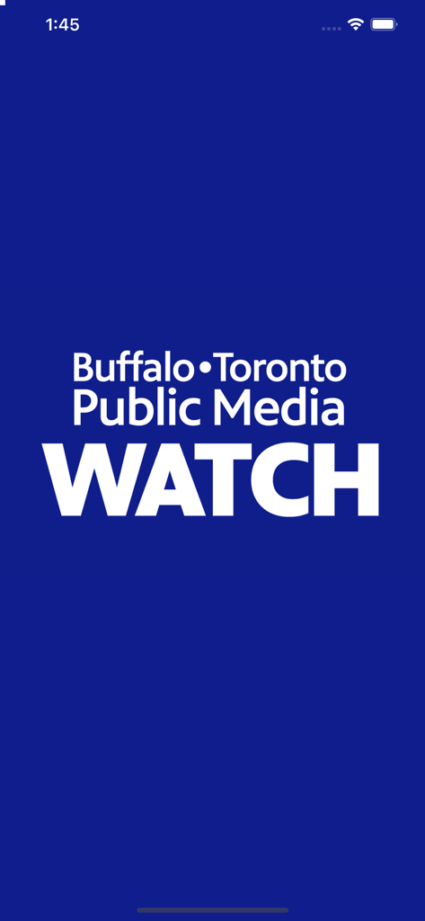Tela de inicialização do aplicativo BTPM Watch exibindo o logotipo da Buffalo Toronto Public Media em um fundo azul.