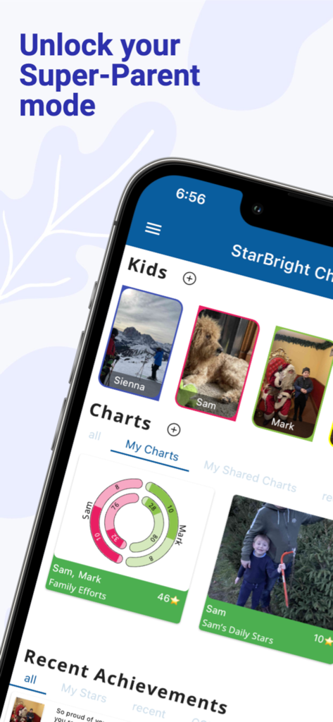 Starbright Charts - Interfaz de la aplicación móvil Starbright Charts mostrando perfiles de niños y anillos de seguimiento de progreso conductual.