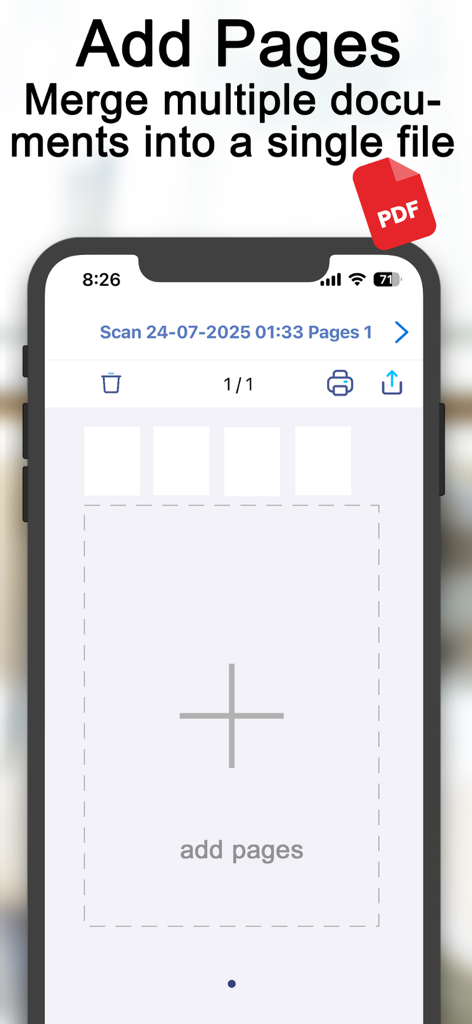 Scanner Translator ترجمه مترجم - Interfaz de smartphone mostrando la función de agregar páginas y fusionar documentos en la aplicación Traductor Escáner