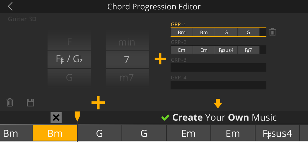 Guitar 3D - Basic Chords - Interface of the chord progression editor for creating custom guitar music sequences.