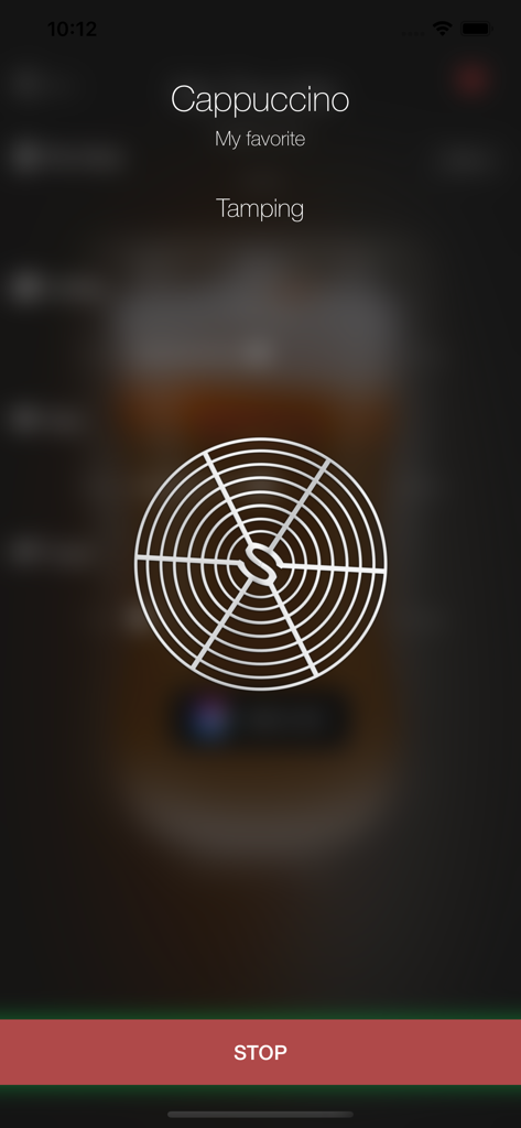TopBrewer app interface showing a cappuccino in the tamping phase with a central logo and a red stop button