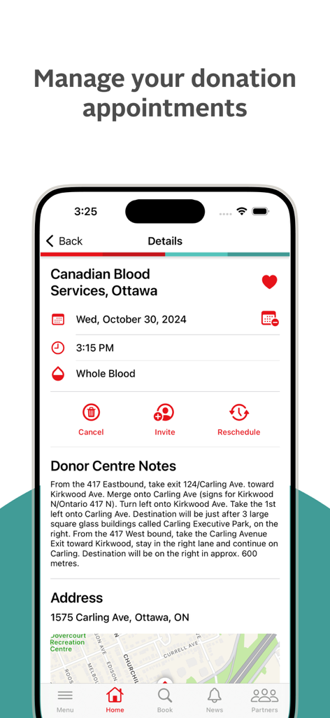 GiveBlood app screen showing details for a scheduled blood donation appointment including location and time