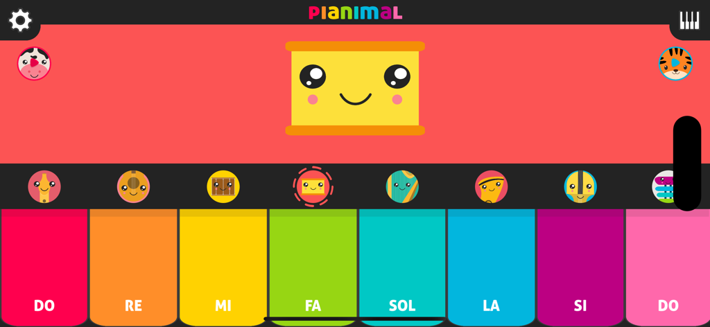 Colorful piano interface for toddlers with cute instrument characters and musical scales