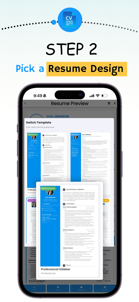 Resume generator AI: ResAI - A mobile interface displaying professional resume design templates to pick from in the ResAI app
