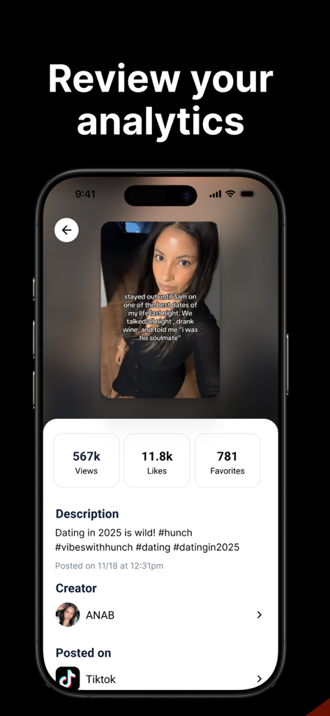 Noise app analytics screen displaying views and likes for a tiktok video post