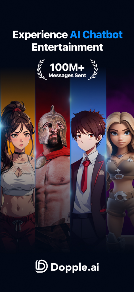 Capture d'écran de l'application Dopple AI présentant divers avatars de personnages animés et réalistes pour le divertissement par chatbot IA