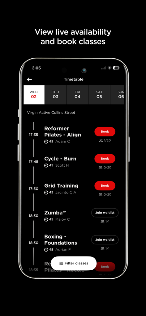 Virgin Active Australia - Tela do aplicativo Virgin Active mostrando um quadro de horários de aulas de fitness e opções de reserva
