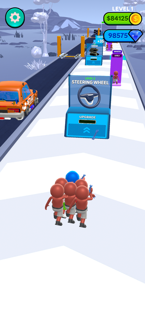 Driver's Journey - Personagens stickman correndo por portões de atualização de carros no jogo Drivers Journey