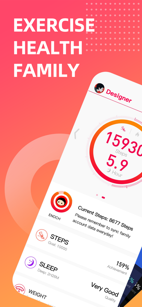 DeepFit - DeepFit mobile app interface showing daily step count sleep tracking and family health sync reminder