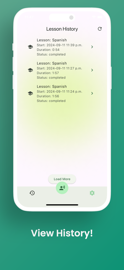 Bildschirmverlauf der Fluent-App, der eine Liste abgeschlossener Spanisch-Übungssitzungen anzeigt