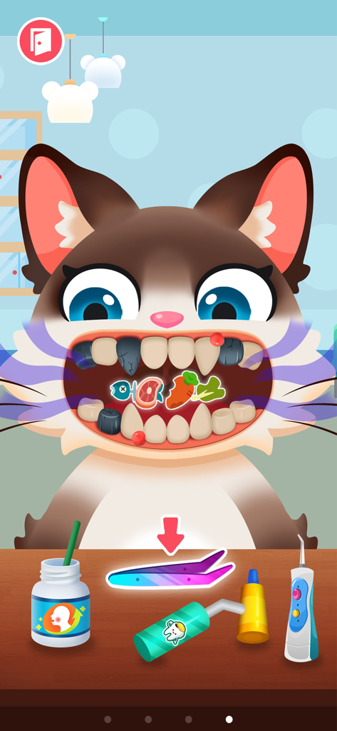 A cartoon cat receiving dental treatment with medical tools in a doctor game for kids