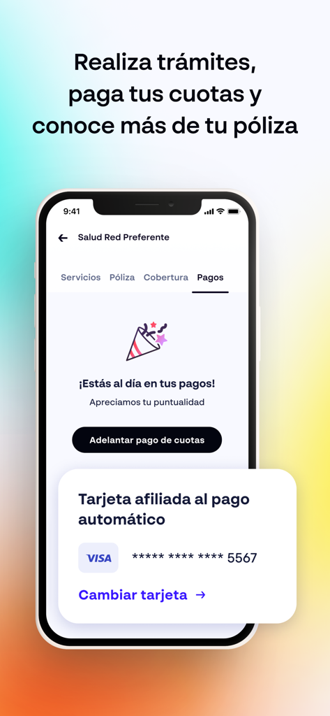 App RIMAC - RIMAC app interface showing insurance payment status and linked automatic payment card details