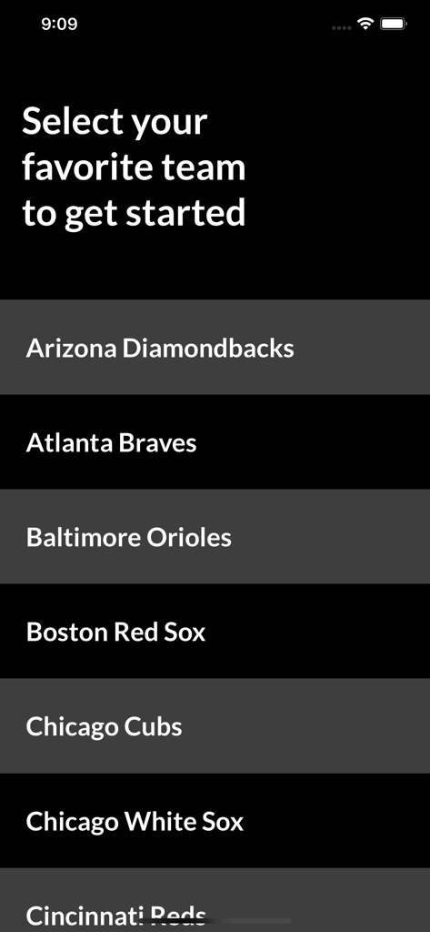 Go Sports News - Pantalla de la aplicación Go Sports News que muestra una lista de equipos de la MLB para la selección del usuario