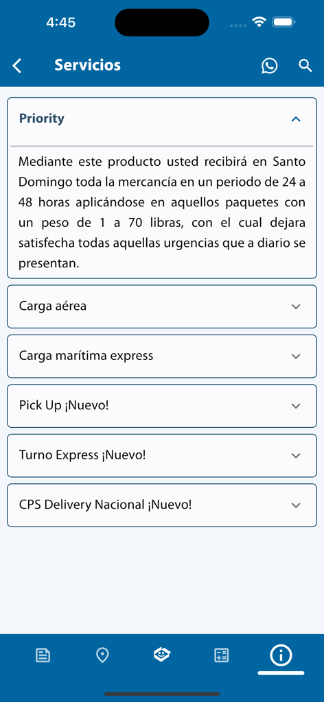 CPS Courier - Mobile app screen showing a list of shipping services including priority air and sea freight options