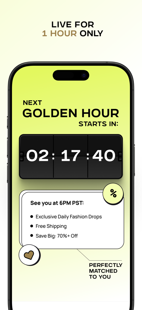 Un écran de smartphone affichant un compte à rebours pour le prochain événement de promotions de mode Golden Hour