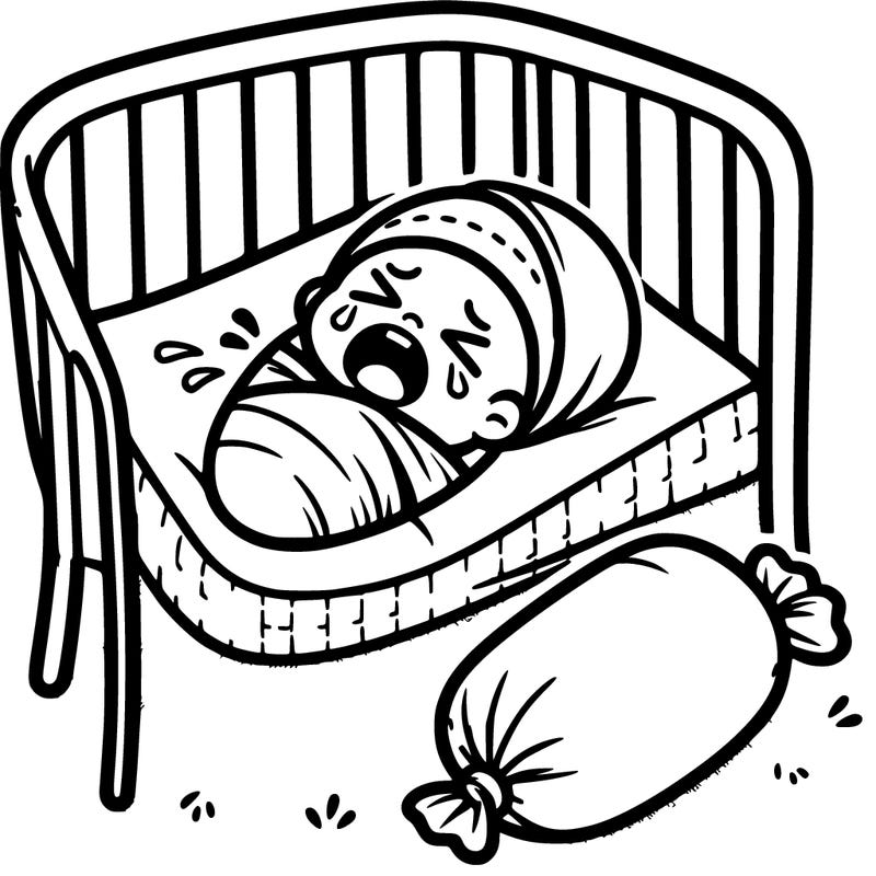baby crying wrapped in a silk blanket with a pillow in its cot
