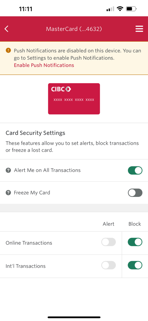 CIBC Caribbean Mobile - CIBC Caribbean Mobile app card security settings screen with options to freeze card and manage alerts for online and international transactions.