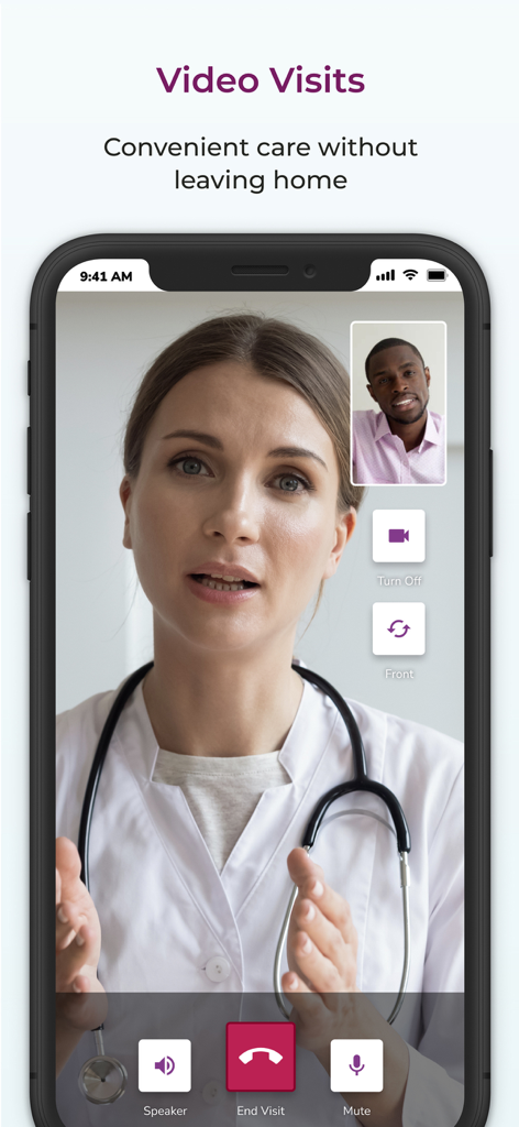A woman doctor conducting a video visit consultation with a male patient on the MyUPMC mobile app interface.