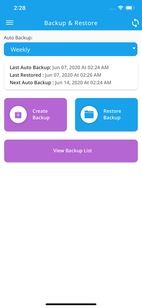 Backup and restore management interface in the My Dental Clinic mobile app