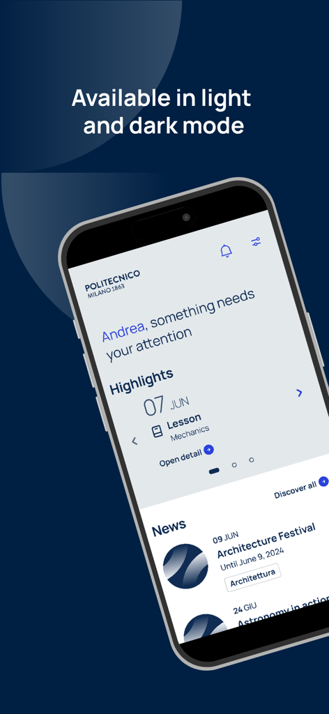 Polimi App - Politecnico di Milano official app showing a personalized student dashboard with lesson highlights and news.