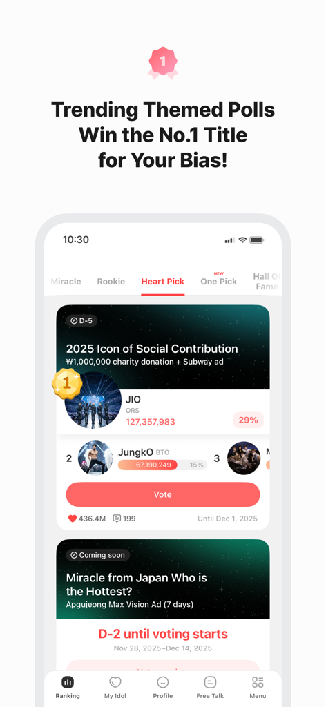 Kpop Idol Vote - CHOEAEDOL - A mobile screen showing CHOEAEDOL app themed polls and K-pop idol rankings.
