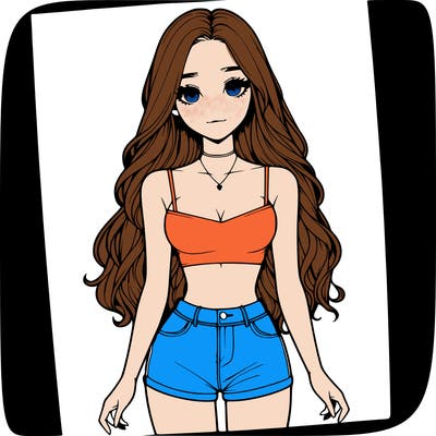 a realistic girl with long hair and in a crop top and shprts