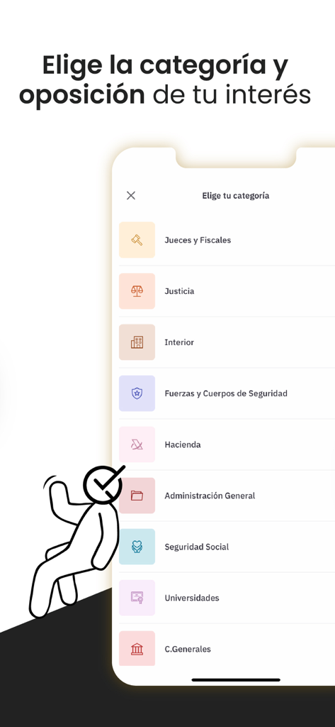 Interfaz de la aplicación OpositaTest que muestra una lista de categorías de oposiciones españolas como Justicia, Interior y Seguridad Social
