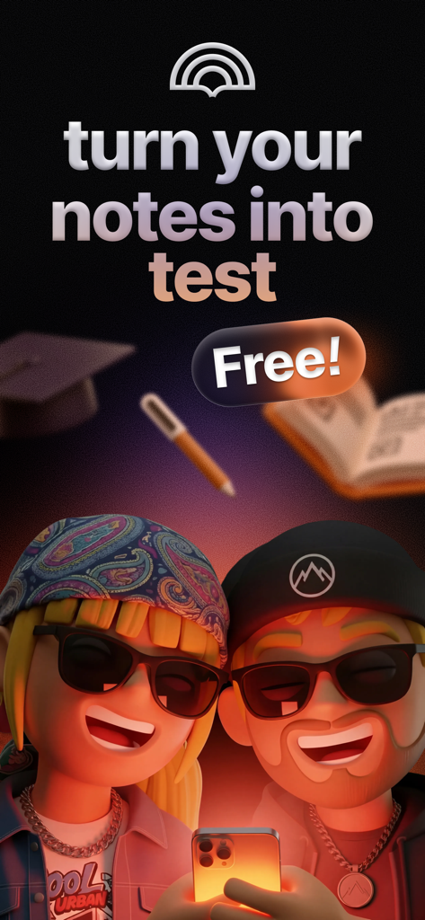 Testopia: AI Quiz & Flashcards - Dos estudiantes mirando un teléfono con el texto convierte tus apuntes en exámenes gratis