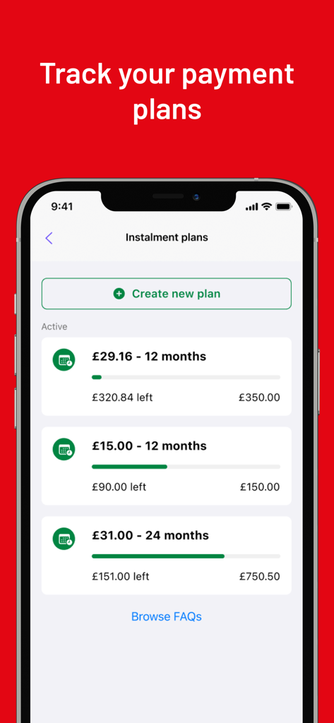 Argos Pay - Argos Pay App-Oberfläche, die aktive Ratenpläne mit Zahlungsfortschrittsbalken anzeigt.