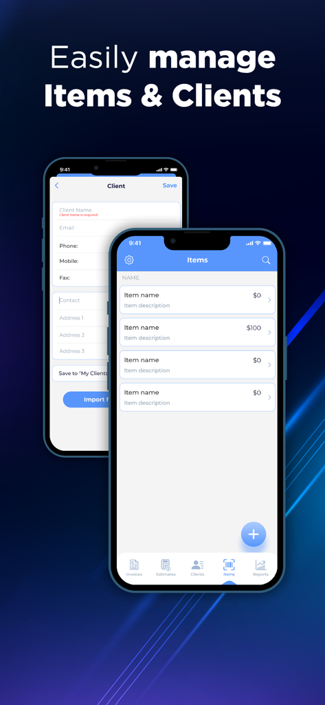 Simple Invoice & Receipt Maker - Pantallas de aplicaciones móviles que muestran cómo gestionar información de clientes y listas de artículos para facturación profesional.