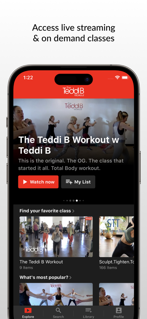 The Teddi B Workout app home screen featuring live and on demand workout classes