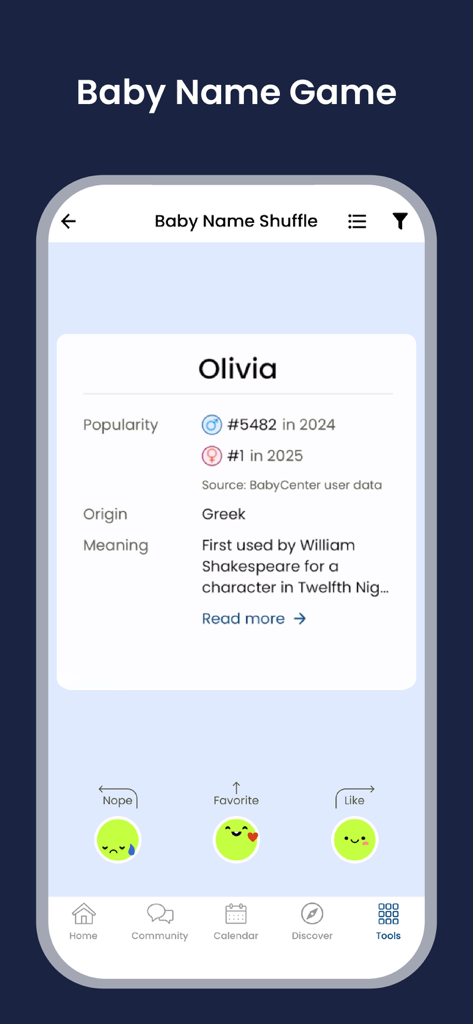 Pantalla de la aplicación BabyCenter que muestra el juego Baby Name Game con detalles del nombre Olivia y opciones de deslizar.