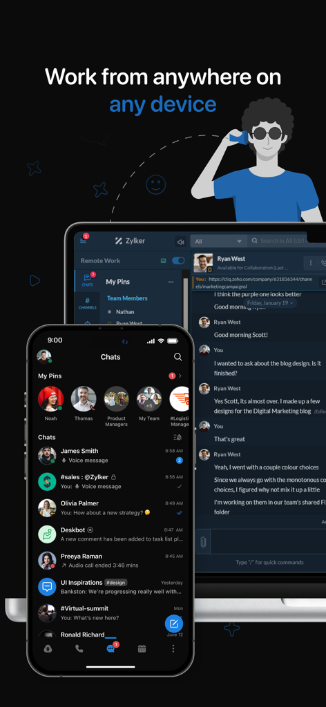 Zoho Cliq messaging app interface displayed on a smartphone and tablet for remote team collaboration.