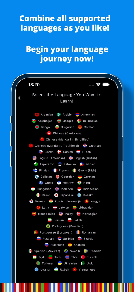 Uma tela de smartphone exibindo uma lista abrangente de mais de 70 idiomas e suas bandeiras disponíveis para aprendizado no aplicativo Qlango.