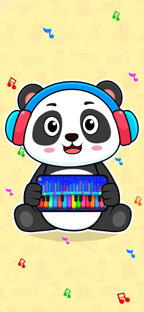 A cute panda wearing headphones holding a mobile device showing a colorful piano interface with musical notes.