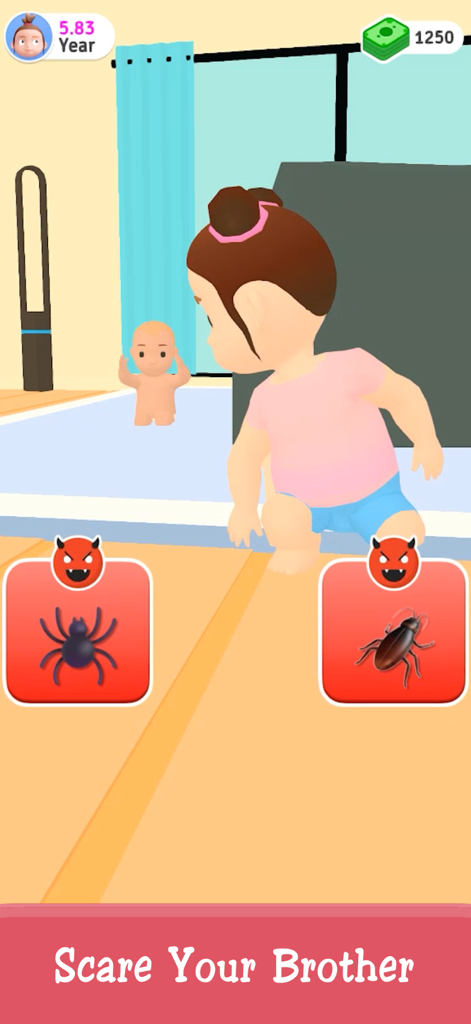 Uma captura de tela do jogo Simulador de História de Vida mostrando uma escolha entre uma aranha e uma barata para assustar um irmão.