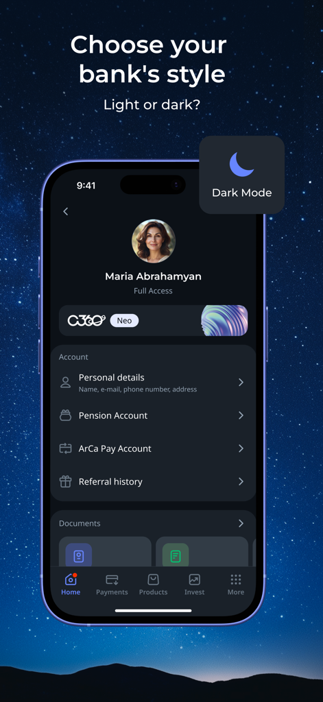 Converse Mobile - Converse Mobile banking app interface showing the dark mode theme and user profile account options