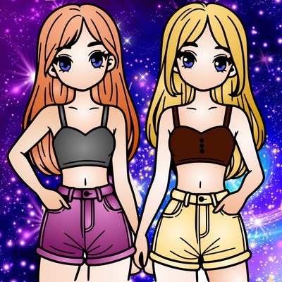 two sisters with crop tops and jean shorts and straight hair