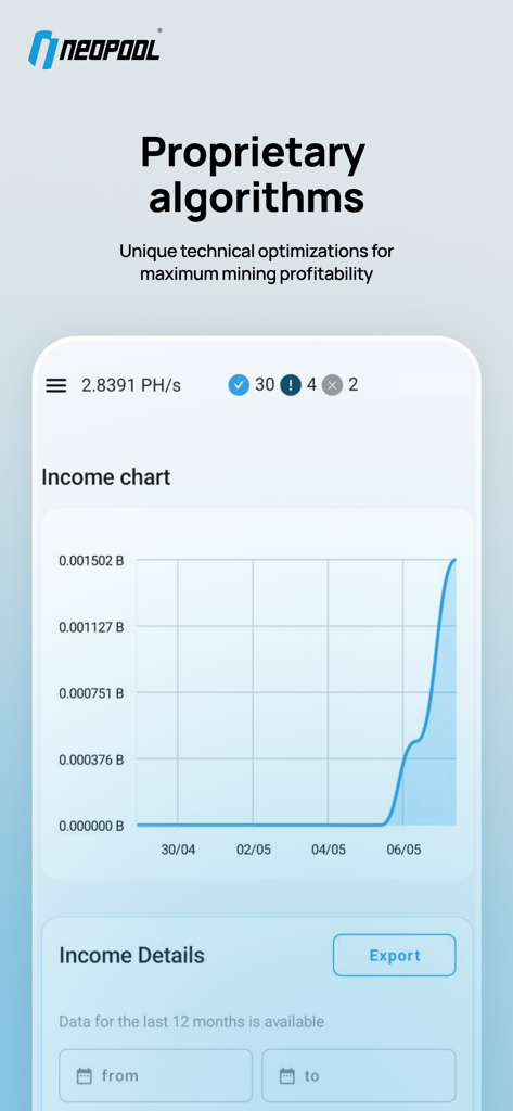 Neopool App - Neopool App interface showing mining income chart and hashrate performance