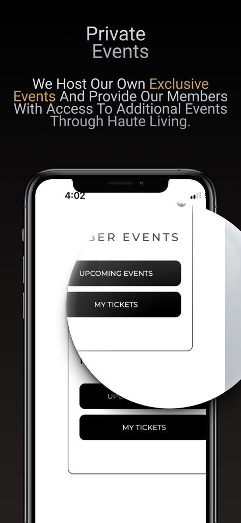 Interface of the bblack app showing exclusive private events and member ticket management