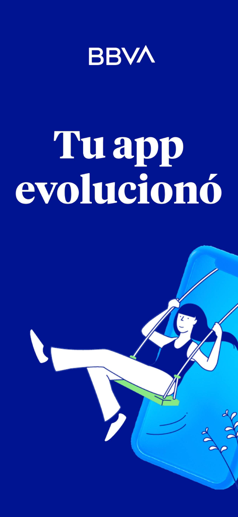 BBVA Argentina - BBVA Argentinien App Startbildschirm mit einer Frau, die an einem Smartphone schwingt, und dem Text Tu app evoluciono