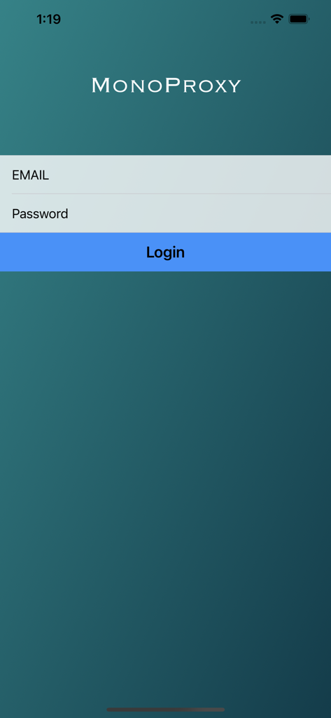 MonoProxy - The login screen of the MonoProxy app featuring email and password input fields and a blue login button.