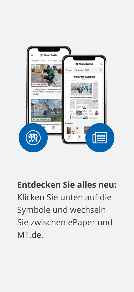Mindener Tageblatt - Mindener Tageblatt app showing digital newspaper and news feed views on mobile phones