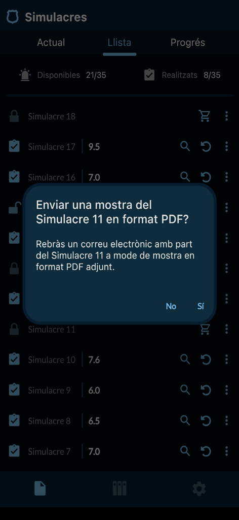 Ventana emergente en la aplicación Academia Mossos solicitando enviar una muestra en PDF de una simulación de examen