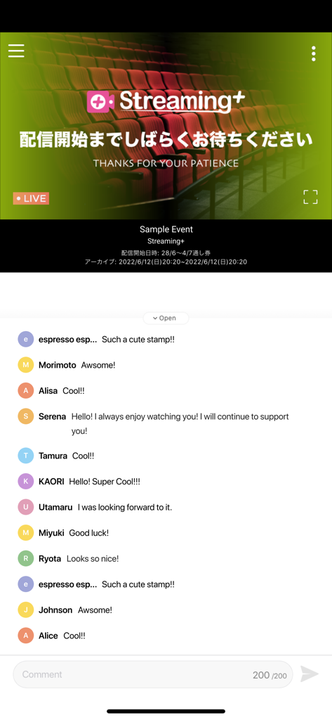 Streaming plus app interface featuring a live event waiting screen with real-time fan chat.
