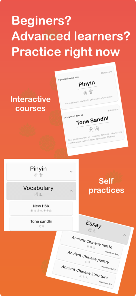 CPAIT-Chinese Pronunciation AI - CPAITアプリのインターフェース：ピンインと声調変化（Tone Sandhi）のためのインタラクティブな中国語コース、およびHSK語彙と古代中国文学の自己練習セクションを表示。