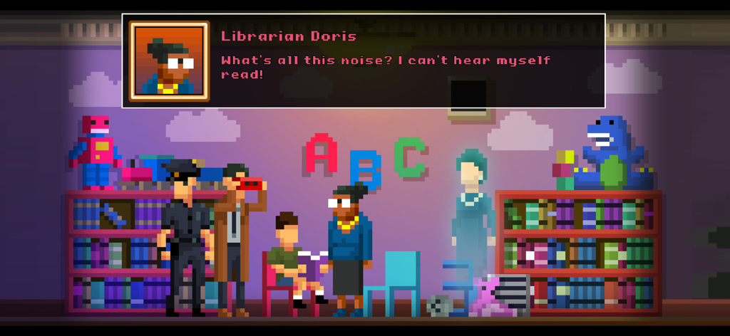 The Darkside Detective - Pixel art gameplay screenshot of The Darkside Detective showing Librarian Doris talking to Detective McQueen and Officer Dooley in a library.